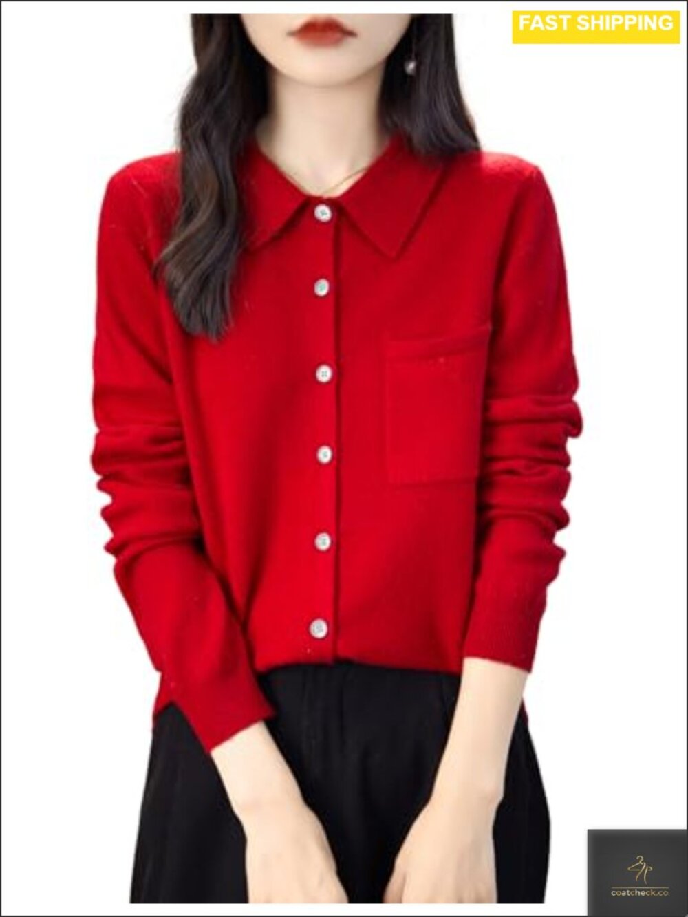 100% Merino Wool Polo Neck Long Sleeve Knit Cardigan Sweater with Pocket